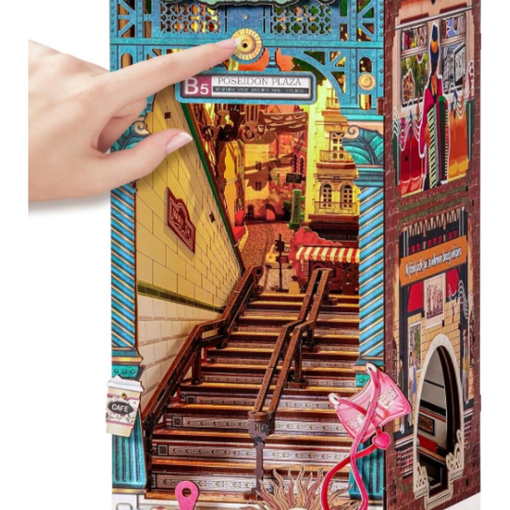 Rolife DIY Book Nook Kits Sunset Street Scene, Stairs Bookshelf 3D Wooden Puzzle